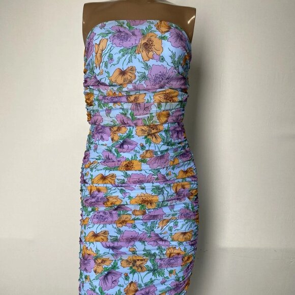 Veronica Beard Floral Ruched Strapless Midi Dress • Size 0 • Blue - Picture 1 of 8